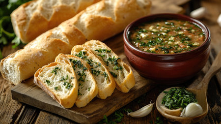 A gourmet meal featuring garlic and herb baguette slices, paired with a bowl of creamy soup on a rustic wooden tableの素材