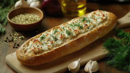 A gourmet baguette topped with minced garlic, rosemary, and dill, displayed alongside fresh ingredients and olive oilの素材