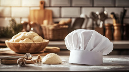 A white chef hat on a counter with cooking utensils and a bowl of fresh dough in the backgroundの素材