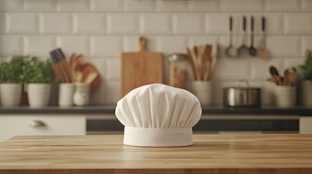 A white chef hat neatly placed on a wooden kitchen counter, with kitchen utensils and a cutting board in the backgroundの素材