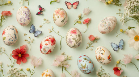 A flat lay of Easter eggs featuring delicate butterfly and floral patterns, arranged on a spring meadow-themed backgroundの素材