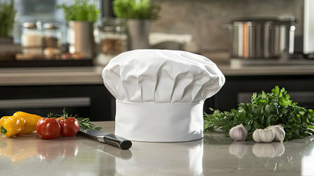 A white chef hat on a polished kitchen counter, with a chef's knife and ingredients ready for cookingの素材