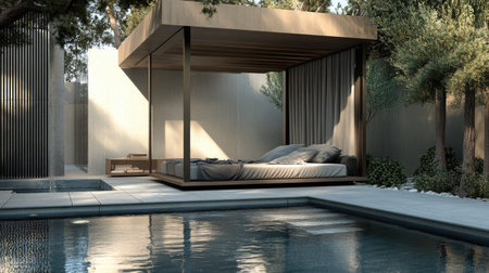 An outdoor bed next to a clear swimming pool with clean lines and modern design for a relaxed vibe.の素材