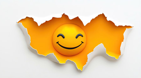 A bright yellow smiley face sticker peeling slightly from a smooth white background.の素材