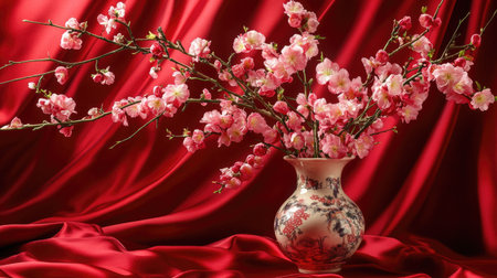 Peach branches blooming with pink flowers, elegantly displayed in a traditional porcelain vase on a red silk backgroundの素材