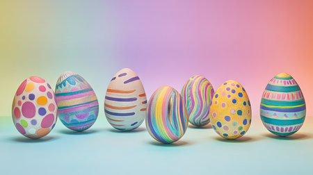 Vibrantly decorated Easter eggs with quirky patterns like stripes, dots, and swirls, placed on a rainbow gradient backgroundの素材