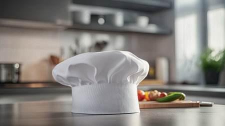 A white chef hat on a kitchen counter with a freshly prepared dish in the background, ready to be servedの素材
