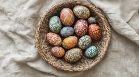 Vibrantly colored Easter eggs with tribal-inspired designs displayed in a woven basket on a natural linen clothの素材