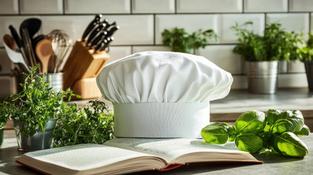 A white chef hat on a kitchen counter, with an open recipe book and fresh herbs beside itの素材