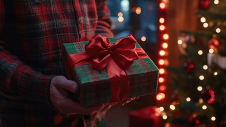 Man's hands holding a holiday present with a ribbon bow, Christmas tree lights twinkling softly in the background.の素材
