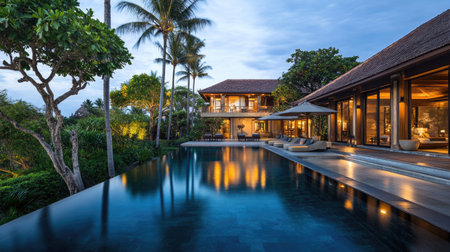 Modern private villa with a serene pool, framed by palm trees and stylish architecture, capturing the elegance of a tranquil getaway.の素材