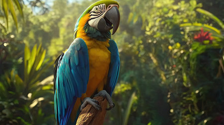 Macaw parrot perched high on a branch, vibrant feathers of blue, green, and yellow contrasting against a deep forest background.の素材