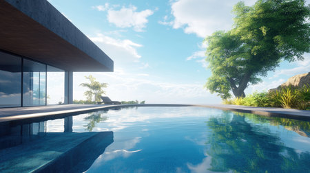 Luxury villa with a sleek infinity pool, overlooking a lush landscape, clear blue skies reflecting in the calm water, no people.の素材