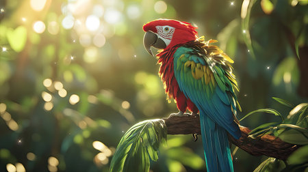 Macaw parrot with vivid colors perched on a branch, blending into a green jungle backdrop with sunlight highlighting its feathers.の素材