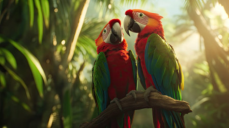 Pair of red and green Macaw parrots perched together on a branch, vibrant colors standing out against a lush jungle.の素材
