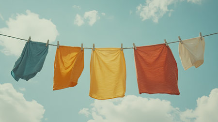Mixed clothing items swaying gently on a clothesline against a bright sky, showcasing freshness and eco-friendly drying.の素材