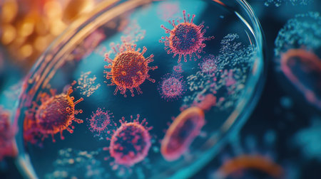 Petri dish with colorful microorganism growths under a microscope, on a neutral lab surface, showing intricate colony structures.の素材