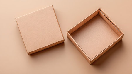 Open, empty cardboard box on a beige background, emphasizing minimalistic design for logistics, packaging, and storage themes.の素材