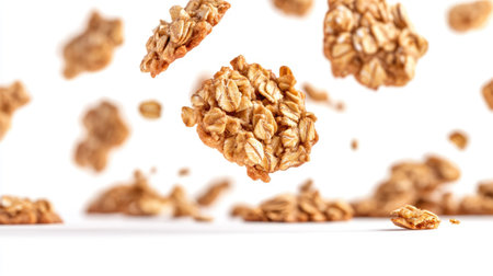Oatmeal cookies falling through the air, isolated on white, their texture highlighted for a deliciously homemade appeal.の素材