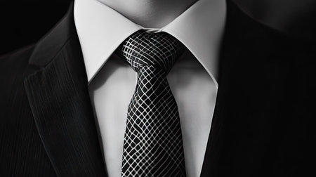 Man wearing a chic patterned necktie with a crisp shirt and dark suit, close-up highlighting the polished elegance of his attire.の素材