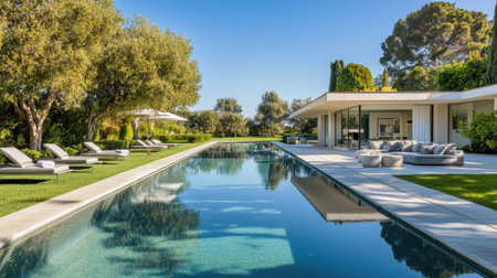 Modern villa pool surrounded by lush greenery and chic furniture, with clear skies and sunlit reflections on the water, no people.の素材