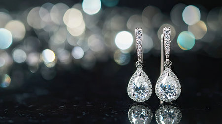 Pair of luxurious diamond earrings, shining against a black background, reflecting timeless elegance and refined beauty.の素材