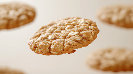 Multiple oatmeal cookies mid-air on a white background, capturing their texture and freshly baked charm.の素材