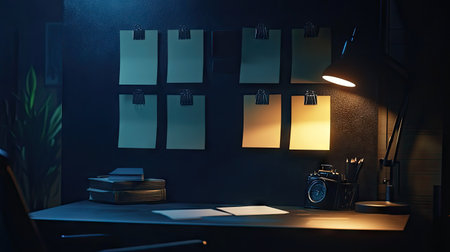 A modern detective board setup with blank notes pinned to a sleek black surface and subtle mood lighting.の素材
