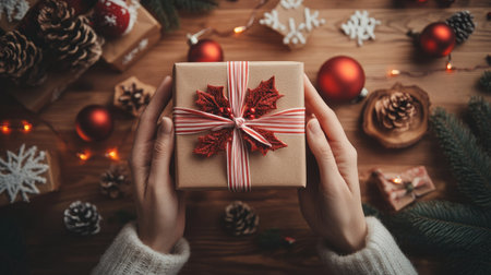 Pair of hands holding a festive box with a red and white ribbon, holiday decorations softly blurred in the background.の素材