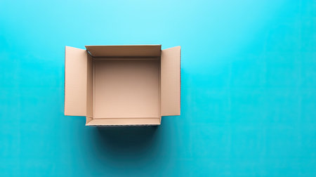 Open cardboard box with empty space on a smooth background, ready for shipment, highlighting sustainable packaging practices.の素材