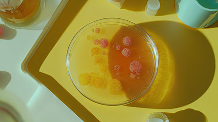 Overhead view of Petri dish on lab table, showing multiple colored colonies of bacteria on agar, a striking look at microbial diversity.の素材