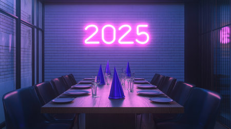 Modern '' in neon lights above a festive dinner table, with glasses and New Year party hats arranged for celebration.の素材