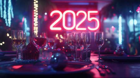 Modern '' in neon lights above a festive dinner table, with glasses and New Year party hats arranged for celebration.の素材