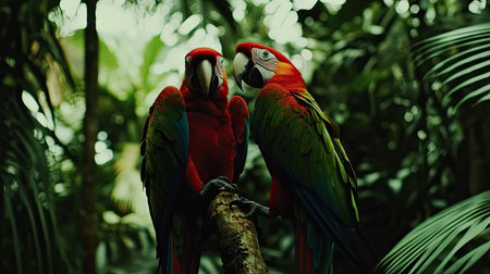 Pair of red and green Macaw parrots perched together on a branch, vibrant colors standing out against a lush jungle.の素材