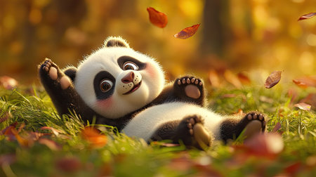 Playful baby panda rolling in the grass, tiny paws in the air, creating a heartwarming and lively scene in the wild.の素材