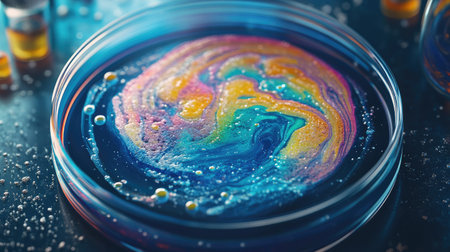 Petri dish with colorful bacteria growing on agar, creating complex patterns on a lab table, perfect for microbiology illustrations.の素材