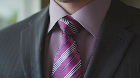 Close-up of a striped necktie on a neatly pressed shirt, tied with precision and paired with a charcoal suit, exuding style and professionalism.の素材