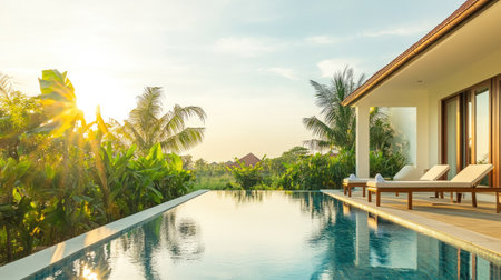 Pristine poolside area at a luxury villa, surrounded by minimalist decor and tropical greenery, set under bright sunlight, no people.の素材
