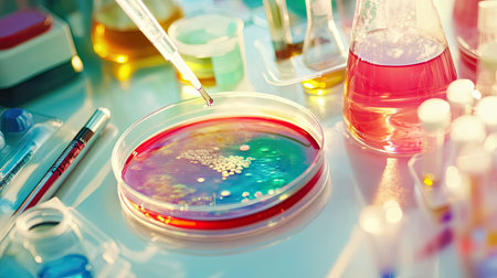 Petri dish with colorful bacteria growing on agar, creating complex patterns on a lab table, perfect for microbiology illustrations.の素材