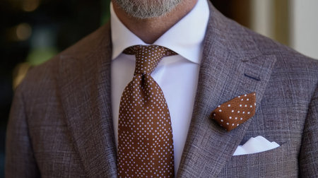Man in a suit with a stylish polka dot necktie, close-up of the tie's texture, tied over a white shirt for a refined, trendy look.の素材