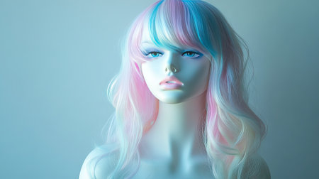 A mannequin head with a multicolored pastel wig, styled into soft, playful waves.の素材