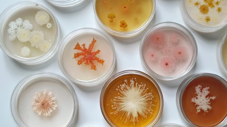 Petri dish with diverse bacterial cultures growing in vibrant colors, placed on a clean, white background, representing scientific research.の素材