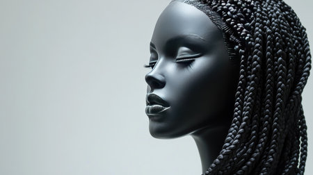 A mannequin head with a braided long wig, the detail of the braids captured beautifully.の素材