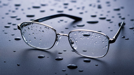 Pair of eyeglasses with water droplets on the lenses, lying on a smooth, dark surface with light reflections.の素材