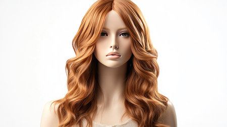A mannequin wearing a beach-wave wig in light brown, styled for a casual look against a white background.の素材