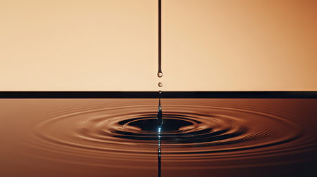 A minimalist water drop hitting a mirrored surface, creating delicate ripples.の素材