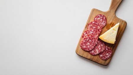 A minimalist chopping board setup with salami rounds and a small wedge of brie cheese on a white background.の素材
