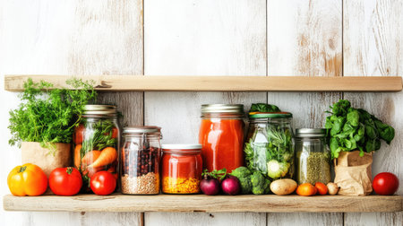 A modern kitchen shelf showcasing canned foods alongside glass jars and fresh vegetables for meal planningの素材