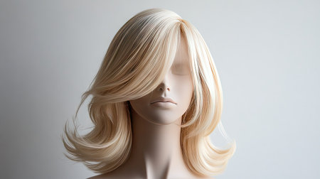 A medium-length layered blonde wig on a mannequin head, with strands gently framing the face.の素材
