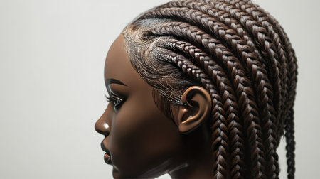 A mannequin head with a braided long wig, the detail of the braids captured beautifully.の素材